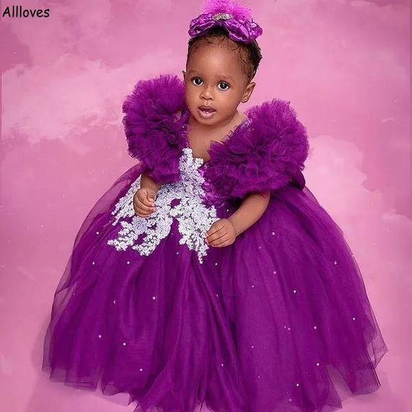 Sevimli Mor Dantel Kristaller Çiçek Kız Elbiseler Balo Elbise Tül Zarif Lilttle Çocuklar Doğum Günü Pageant Düğün Önlük