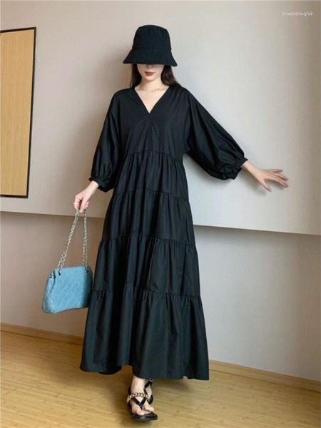 Casual Kleider Sommerkleid Solide Koreanische Mode Lose A-LINE Lange V-ausschnitt Plissee Longskirt Frauen Kleidung Elegante Schwarze Robe