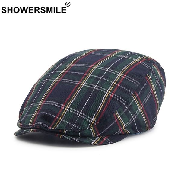 Baskenmützen SHOWERSMILE Kariertes Baskenmütze Männer Grün Marineblau Plaid Flache Kappen Männliche britische Vintage-Kappe Khaki Frühling Sommer Frauen Fahrer Ivy 230807