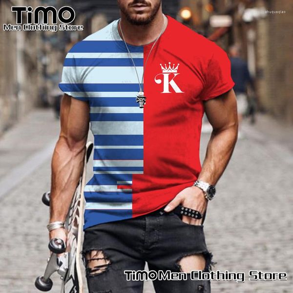 Мужские рубашки T Crown K Letter Stripe 3d Printed Street Street Street Beach Fashion Clothing Высококачественная O-образная вырезость очень большая повседневная футболка