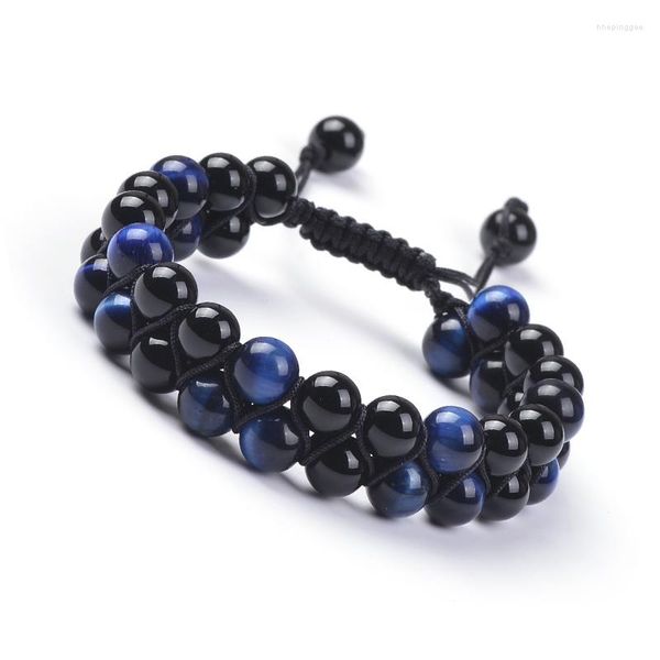 Pulseira masculina com contas de pedra natural ônix ônix redondo liso redondo de 8 mm e duas camadas para homens