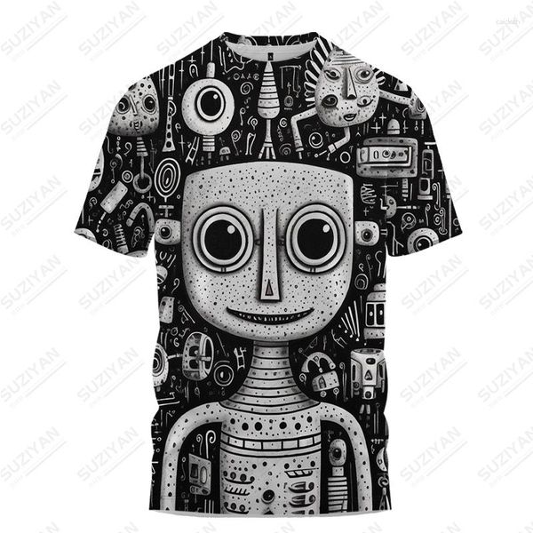 Herren-T-Shirts, Sommer-Shirt, Roboter, 3D-Druck, Schwarz und Weiß, lässiger Modetrend