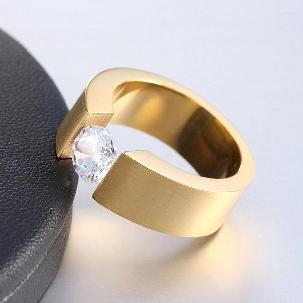 Anéis de casamento de moda de aço inoxidável para homens e mulheres luxo grande cristal redondo zircão noivado jóias acessórios presentes