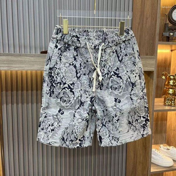 Herren-Shorts, Sommer-Jacquard-Denim, lässige Mode, lockere blaue und weiße Porzellan-Blumenmuster, zerrissene Fünf-Punkt-Hose