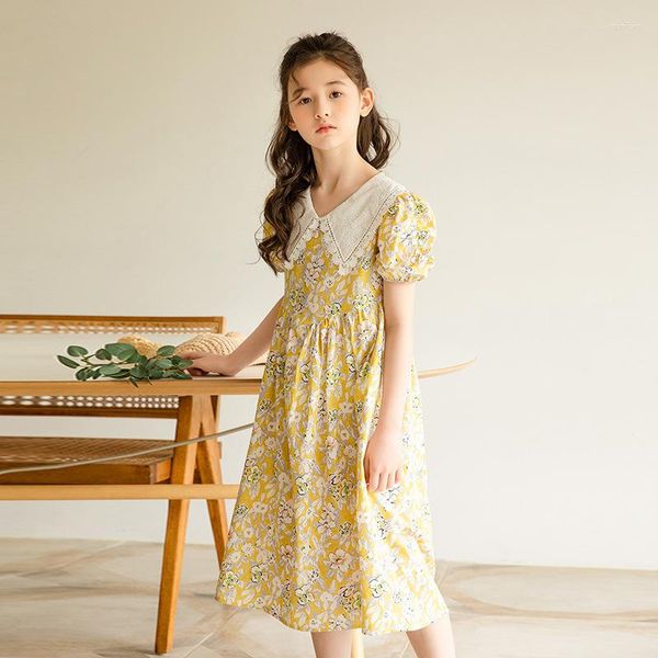 Vestidos de menina meninas vintage floral vestido evasê 2023 verão crianças cintura mangas bufantes estampado elegante midi para festa infantil