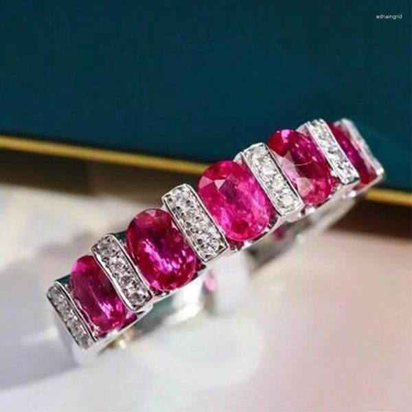 Alianças de casamento joias de luxo banda feminina banhado a prata corte oval zircão rosa noivado tamanho 6 a 10