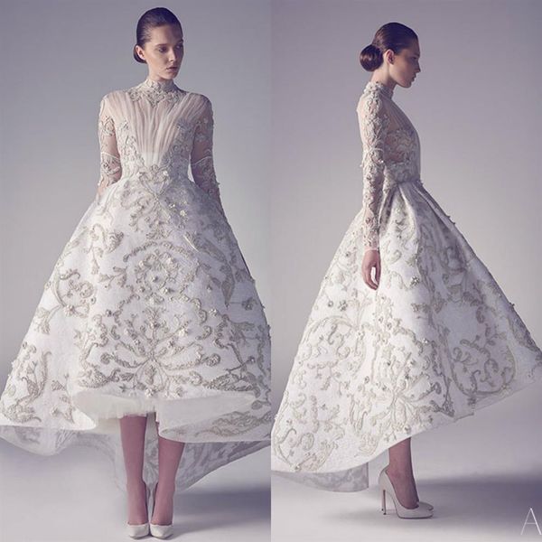 Ashi Studio Couture Вечерние платья кружево 3D цветочное аппликация высокий воротник высокий низкий выпускной платье с длинными рукавами, изготовленные из официального PA2103