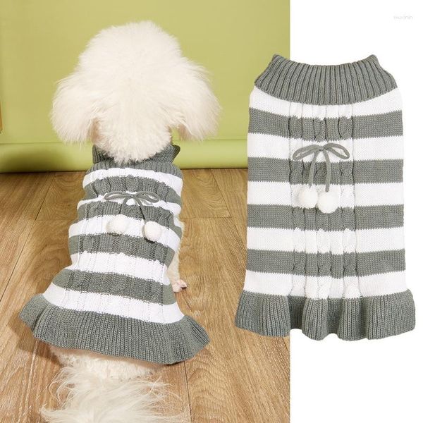 Vestuário para cachorro bainha ondulada torcido cordão torcido listrado cinza branco bolinha de pelo vestido de animal de estimação