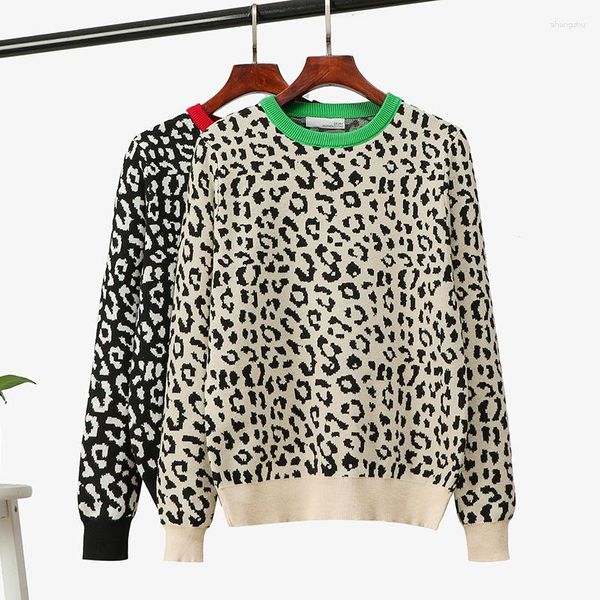 Damenpullover Pullover Herbst Winter Gestrickte Pullover Frauen Koreanische Übergroße Weibliche Leopard Jacquard Mode Wollmischungen Pullover