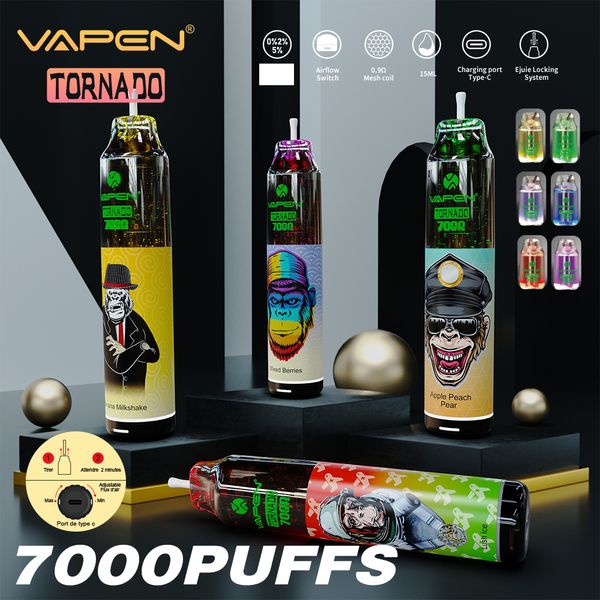 Оригинальный Vapen Tornado 7000 Puffs 7K одноразовые E -сигареты Vape Pen Starter Kit 15ml стручка с сеткой катушки 6 Свечивающие цвета Перезаряжаем 850 мАч.