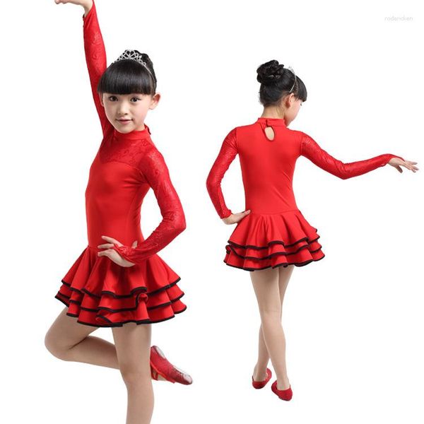 Vestuário de palco Renda Mangas Compridas Vestido de Baile Latino Trajes para Meninas Dança Salsa Latina Disfraz Infantil Infantil Preto/Vermelho Tango