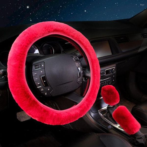 Coberturas de volante 3 pçs/conjunto capa de carro protetor de freio de mão decoração quente gola de pelúcia preto rosa feminino homem