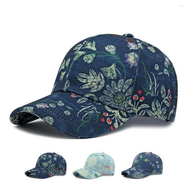 Berretti da baseball da donna Cappelli a cupola in cotone da baseball Stampa fiori Modello artistico 56-60cm Regolabile Faux Denim Outdoor Travel BQ0601