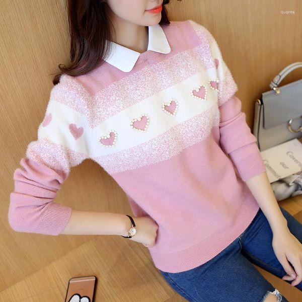 Kadın Sweaters 50 Sonbahar Moda Bebeği Jacquard Gömlek Yaka Aşk Boncuklu Yanlış İki Parçalı Head Sweater F1221