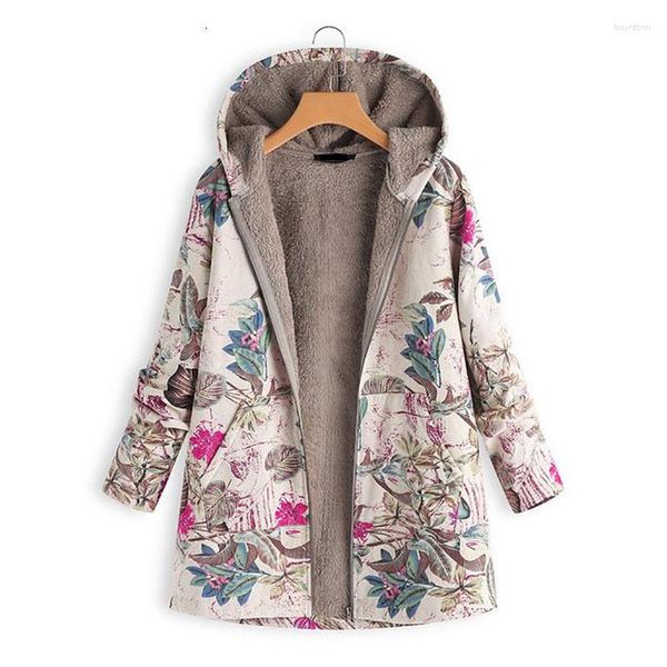 Piumino da donna 2023 Donna Parka Giacca invernale calda Cappotto con cappuccio con stampa floreale Capispalla oversize vintage Fodera in pile allentata abbottonata