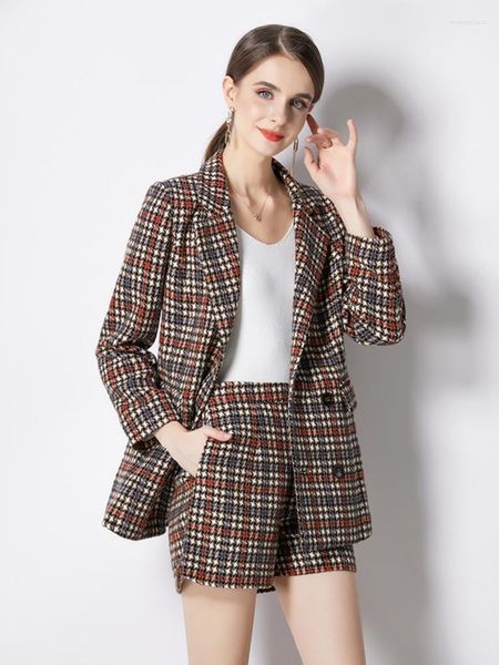 Agasalhos femininos outono inverno feminino vintage xadrez tweed conjunto de 2 peças manga longa jaqueta de lã casaco bolso shorts ternos
