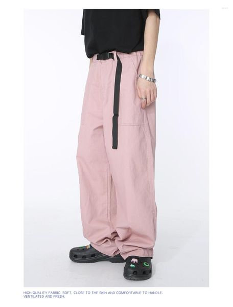 Pantaloni da uomo 2023 Urban Street Salopette rosa originale Pantaloni larghi a gamba larga Versione Kpop Tinta unita Casual Per stile unisex