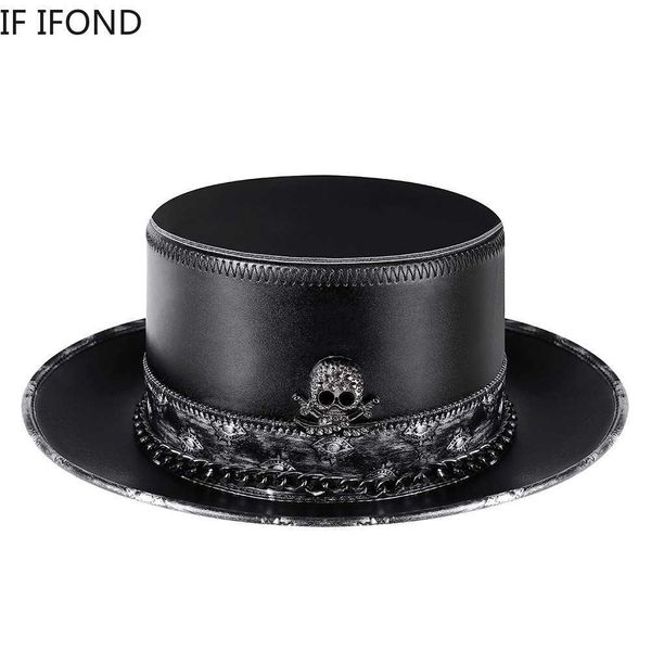 Chapéus de festa Halloween Cosplay Vestido de festa Chapéus de couro PU Cartola masculina Decoração de caveira Plana Fedoras Chapéu Magic Steampunk Caps HKD230807