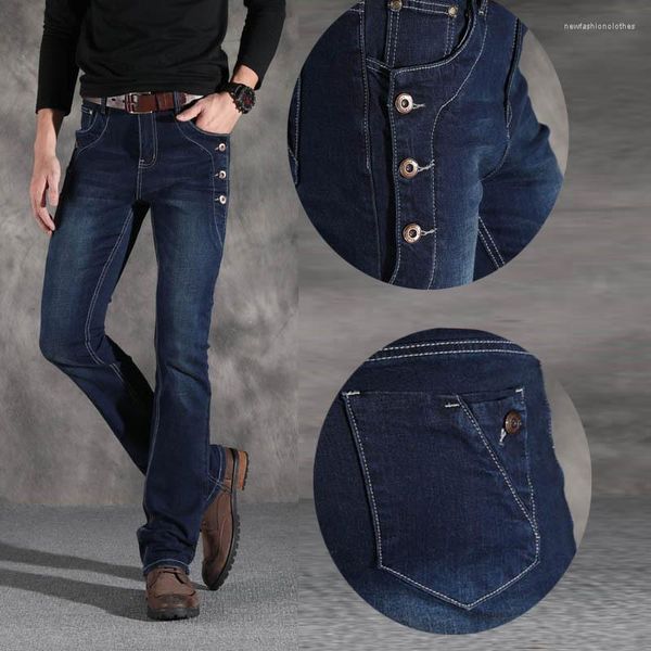 Calça Jeans Masculina Moda Stretch Y2K Flare Leg Button Cut Designer Clássico Calça Jeans Rasgada para Trabalho Extra Longa Azul Escuro