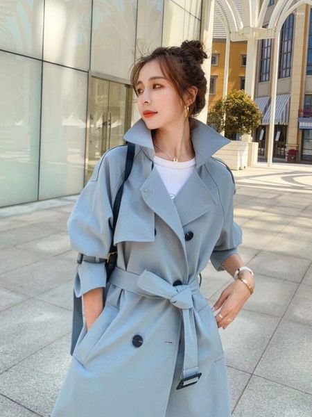 Feminino Trench Coats Casaco Jaqueta Midi Solto Estilo Primavera Outono Inglaterra Moda Blusão Tops de Manga Comprida