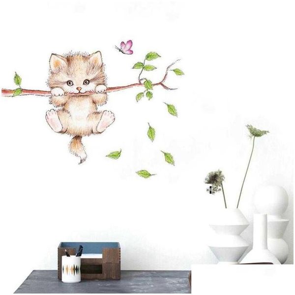 Adesivos de painel de parede 3D bonito galho de árvore de borboleta de gato para quartos de crianças decoração de casa decalques de animais de desenhos animados pôsteres diy decoração drop de dhsme