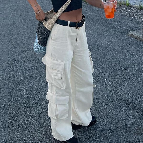 Pantaloni da donna Eleganti Salopette cargo bianca Moda anni '90 Streetwear Tasche Gamba larga Pantaloni a vita media Y2k dritti