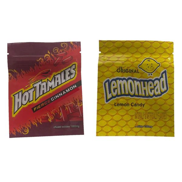 Toptan İnfüzyon 1000mg Mylar Ambalaj Çantaları Limon Orijinal Lemonhead Sıcak Tamales Fierce Tarçın Çiğneme Bir Yukarı Tepe