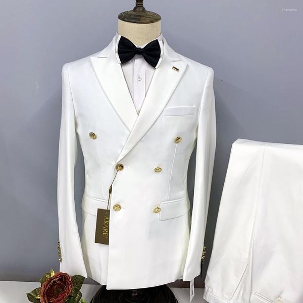 Abiti da uomo Abito da uomo Blazer da sposa bianco Risvolto con visiera Cappotto doppiopetto Pantaloni Gilet Giacca a tre pezzi Luxury Slim Fit Costume Homme 2023