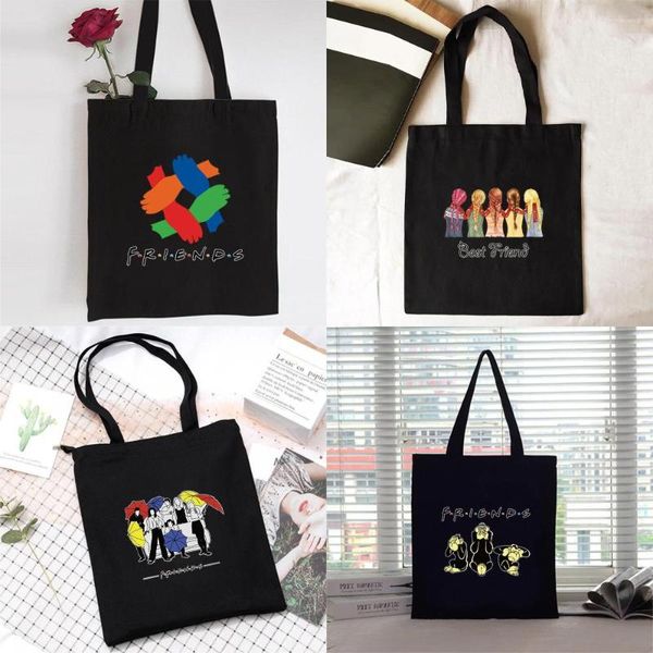 Sacolas de compras femininas organizadora de compras bolsa de lona bolsa de ombro dobrável para estudantes grande capacidade sacola de supermercado amigos impressão