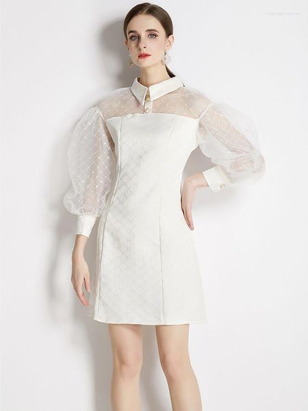 Lässige Kleider Mode durchsichtige Pailletten Organza Blase Ärmel Patchwork schlankes weißes Kleid für Frauen Temperament Plaid Mini