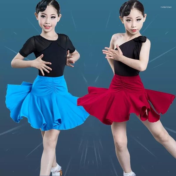 Sahne Giyim Balo Salonu Fırfır Latin Dans Elbisesi Yarışması Kız Çocuklar Çocuk Salsa Tango Cha Performans Uygulaması Etek Seti