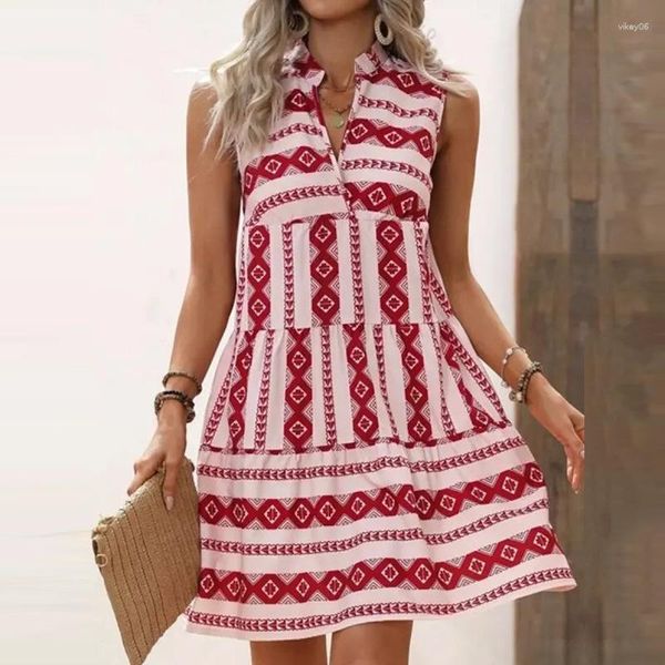 Повседневные платья Женские летние V-образные режущие полоса рукавицы сексуальное платье 2023 Элегантное свободное красное пляж-стиль vestidos