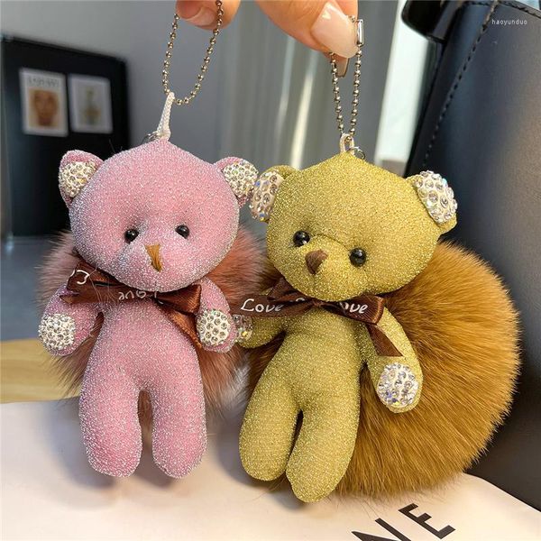 Chaveiros Fofo Pequeno Urso Bola de Pele Real Chaveiro Crianças Brinquedos Bolsa Enfeites Pingente Feminino Chaveiro Do Carro Brincos De Pelúcia Cadeia De Celular