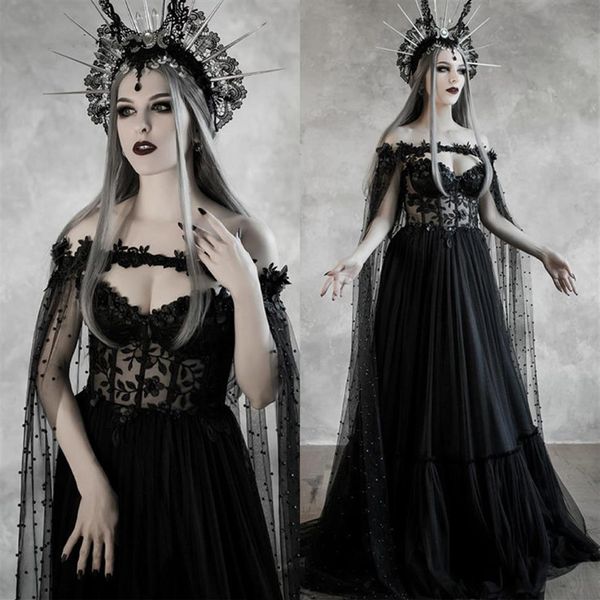 Dunkles, märchenhaftes, schwarzes Gothic-Hochzeitskleid mit schalenförmigem Korsettmieder, Fantasy-Brautkleid in A-Linie, mittelalterliche Vampir-Halloween-Hochzeit313Y