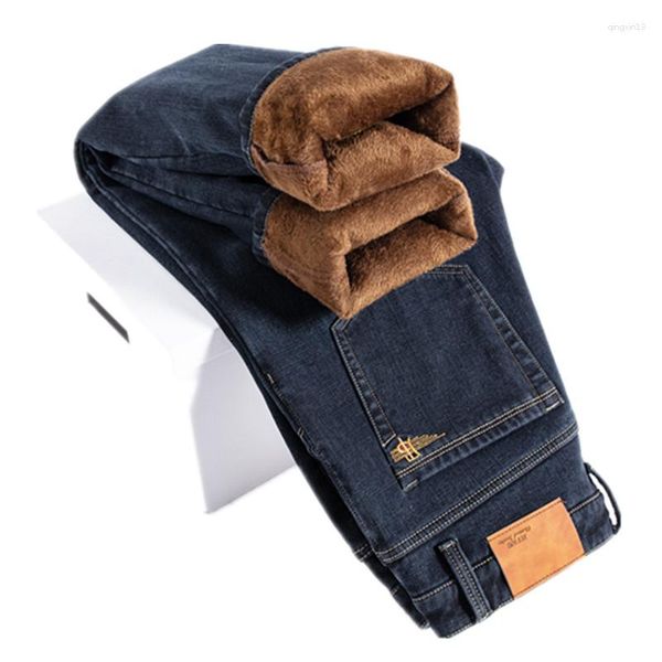 Männer Jeans Winter Thermal Warm Flanell Stretch Herren Qualitätsmarke Fleece Hosen Männer Gerade Beflockung Dicke Hose Große Größe 42 44 46