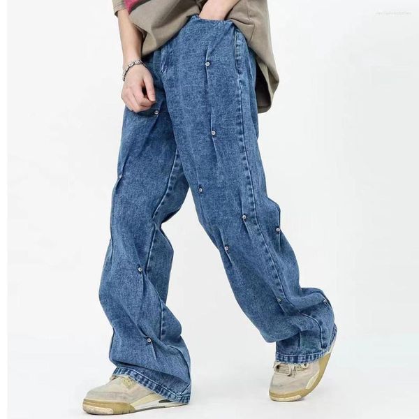 Jeans da uomo High Street Rivetto Pieghettato Lavato Retro E Pantaloni da donna dritti solidi larghi Pantaloni cargo casual Y2K Pantaloni larghi in denim