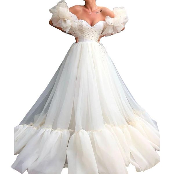 Beyaz Kapalı Omuz Uzun Boncuklu Gece Elbiseler Muhteşem Kabarık Kollu Çırpma Tül Prom Elbiseler Kat uzunluğu Dantel Yukarı Kadın Abend2515