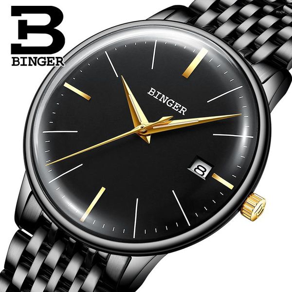 Relógios de pulso genuíno BINGER marca relógio masculino pulseira de couro automático mecânico masculino luxo auto-vento simples relógio de mão de superfície cruve