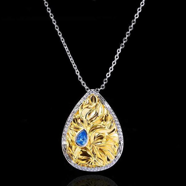 Nuova collana con ciondolo zaffiro dorato in argento 925 gioielli da donna in rilievo di lusso classico catena maglione catena clavicola L230704