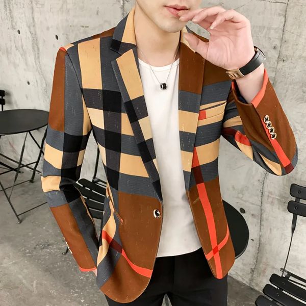 Blazers casuais masculinos de luxo, jaqueta tendência primavera e outono, estilista de cabelo ocidental solteiro britânico, terno bonito, blazer xadrez masculino, ajuste fino, jaqueta de negócios