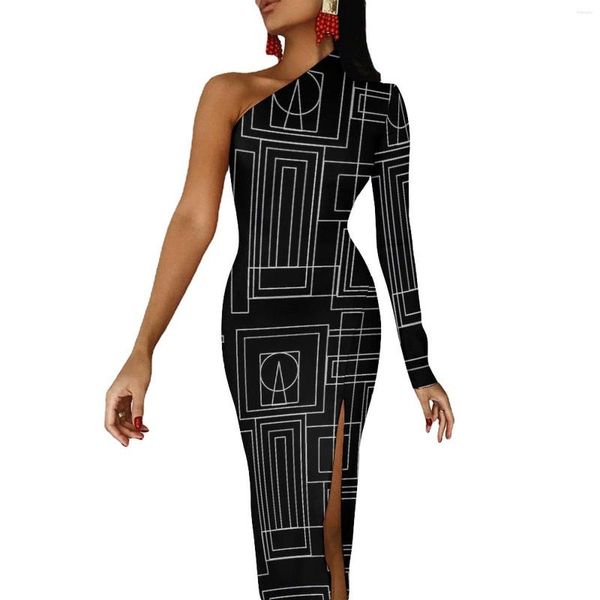 Lässige Kleider Geo Print Maxikleid Langarm Schwarz und Grau Hübsches, figurbetontes Herbst-Streetwear-Damen-Kleidung