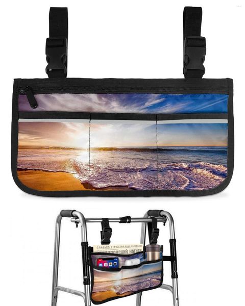 Sacos de armazenamento Bolsa para cadeira de rodas com bolsos para cadeira de rodas, pôr do sol, apoio de braço lateral, patinete elétrico