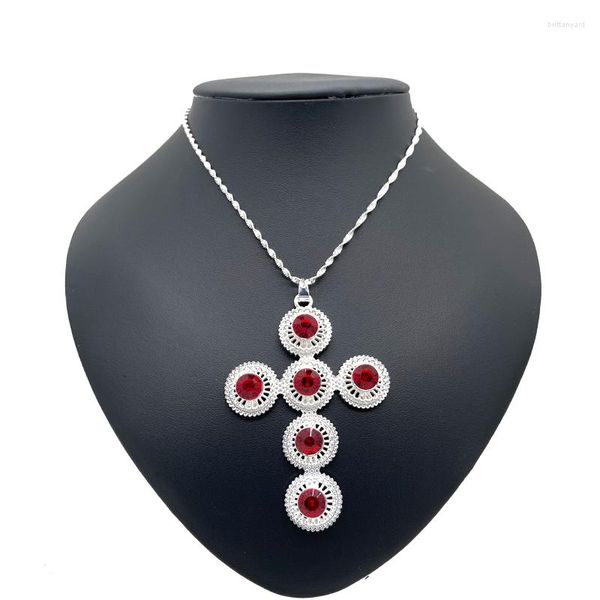 Подвесные ожерелья серебряный цвет крест красный камень африканский дубай для женщин модный ожерелье Свадьба Нигерия Эфиопские украшения Кения