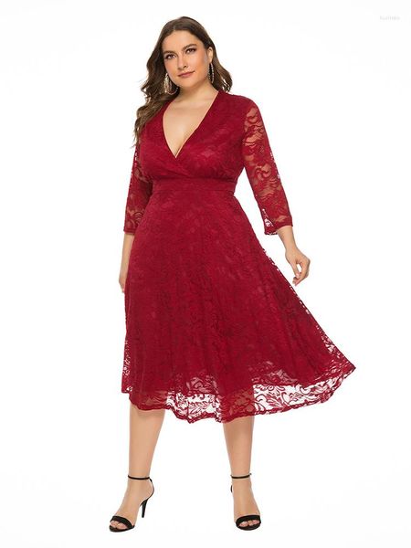 Vestidos de festa Vestido de renda com decote em V Preto Borgonha Linha A Plus Size Feminino Formal Comprimento da noite Robes manga três quartos