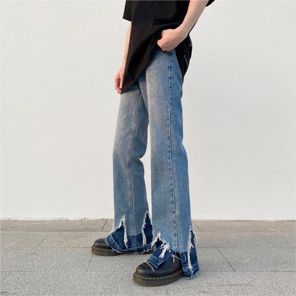 Erkek kot pantolon moda yüksek cadde tarafı bölmeli pantolon moda hip hop erkek y2k