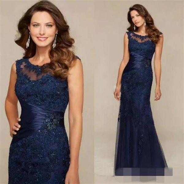 Abiti eleganti per la madre della sposa con girocollo trasparente Abito da sera lungo a sirena in pizzo blu navy di nuovo arrivo Abiti da sera213r