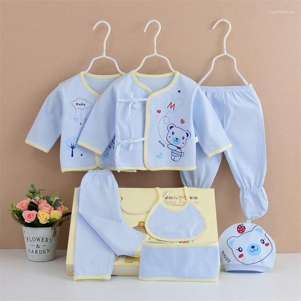 Set di abbigliamento 7 pezzi Set di vestiti nati Abiti in cotone per neonate Ragazzi Autunno Primavera Estate Bavaglini per bambini Cappello Senza scatola