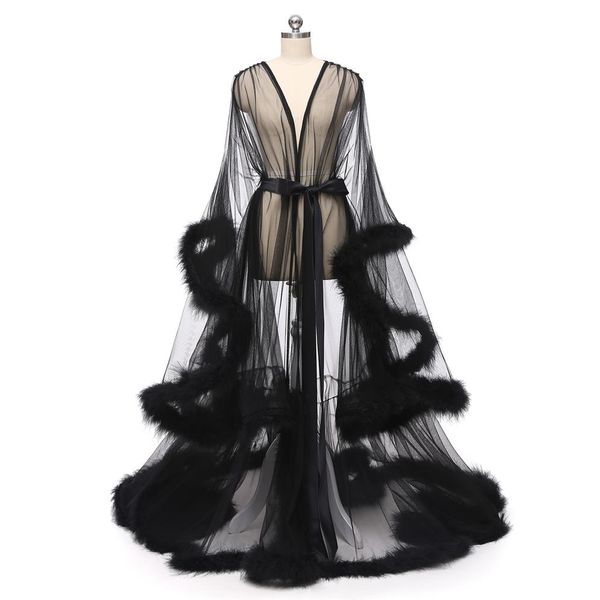 Mariage Boudoir De Mariée Robe Rose Plume De Mariée Sheer Robe Tulle Illusion Long Anniversaire Plume Robe Costume Fait Sexy Feather237d