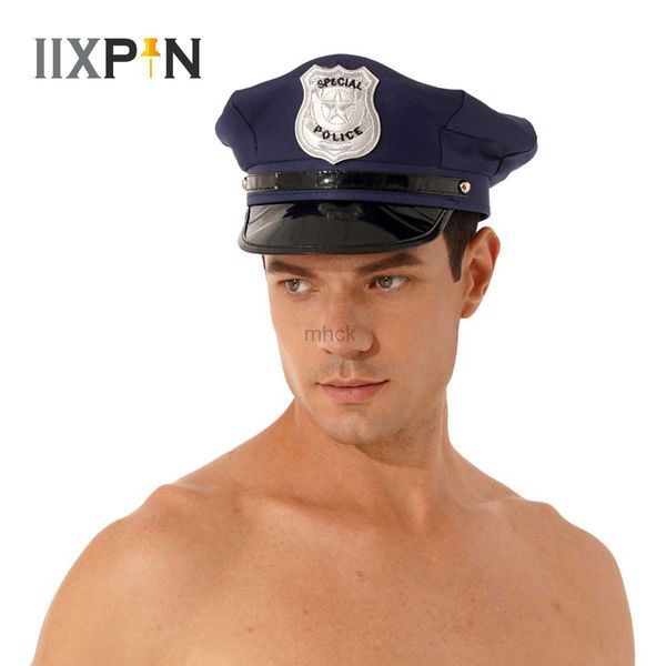 Partyhüte Abzeichen Leder Polizei Cosplay Hut Herren Kapitän Flat Top Halloween Party Kostüm Zubehör Bühne Performance Requisiten Militärkappen HKD230807