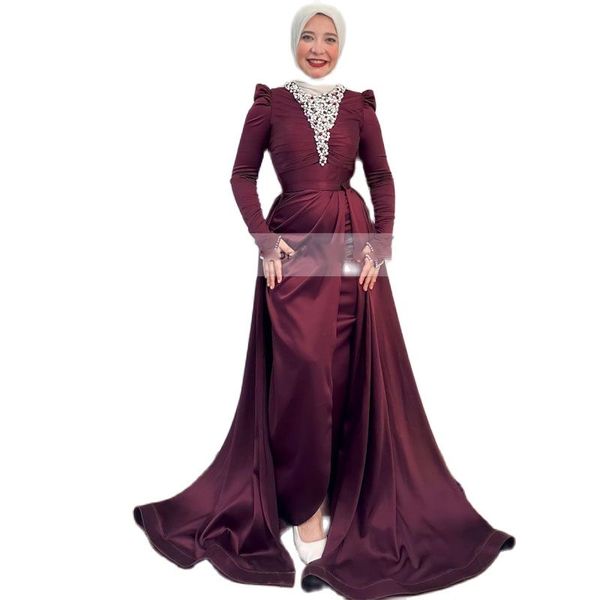 Begraben muslimische Abendkleider mit abnehmbarem Zug hoher Nacken Langarmfalten Perlen Perlen Hijab Soiree Formales Kleid 326